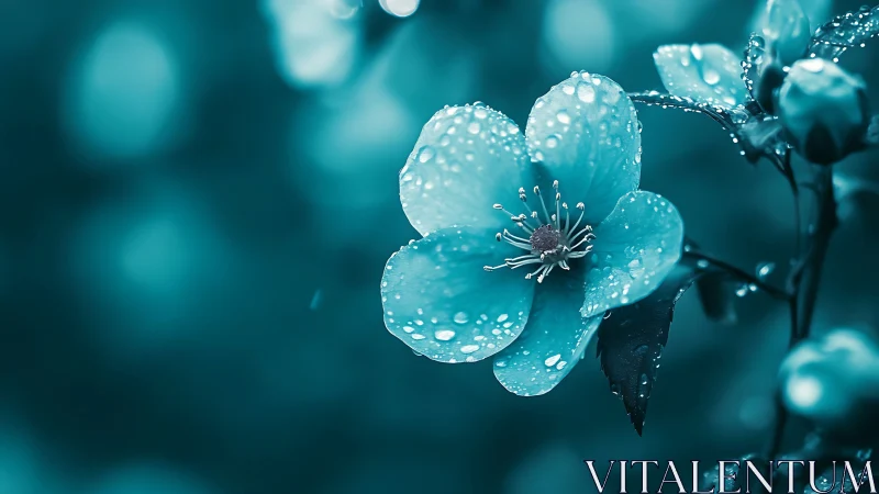 Dewdrop-Covered Petals: Macro Aqua Floral with Shallow Depth of Field