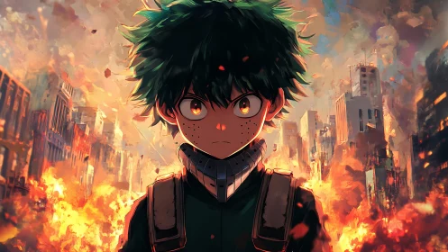 Green-haired boy stands before burning city in fierce focus