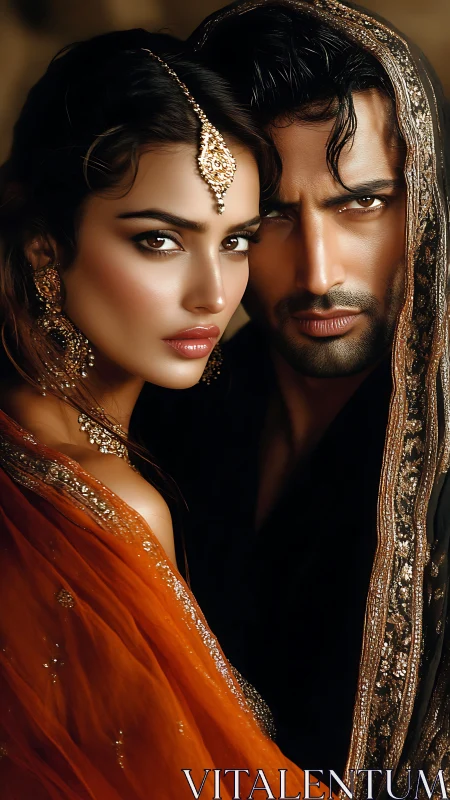 Photorealistic portrait of elegant couple in ornate drapery.