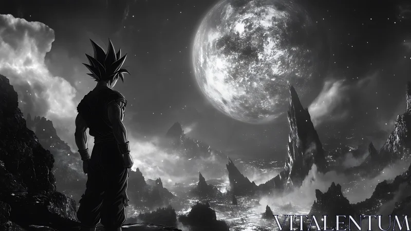 Saiyan warrior surveys monochrome alien valley under massive moon