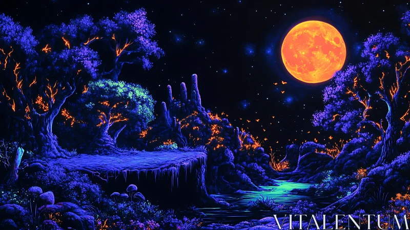 Neon lunar grove under bioluminescent forest canopy.