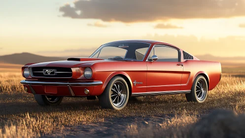 Red classic fastback muscle car rendered in sunset field