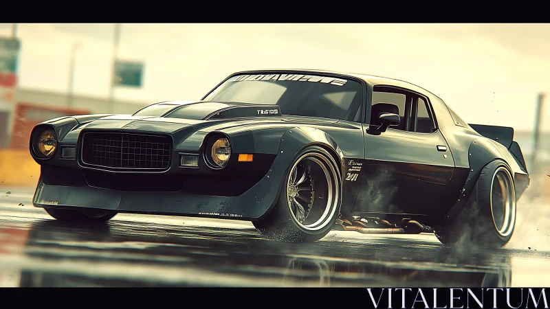 Muscle car slices wet asphalt while turbo glow stalks dusk
