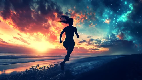 Silhouette runner on shoreline under vivid twilight sky.