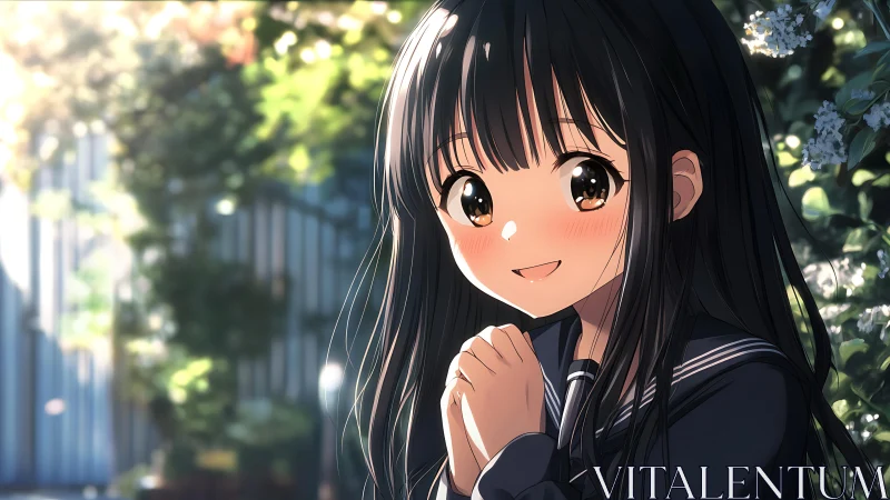 Sunlit anime schoolgirl portrait with bokeh garden lighting.