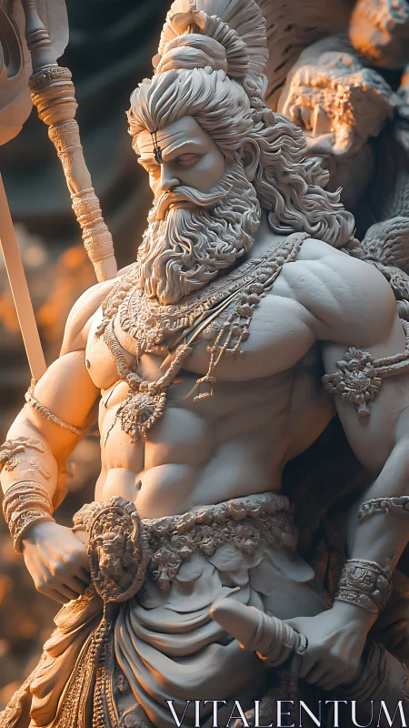 Digitally sculpted mythic warrior with ornate anatomical detail.