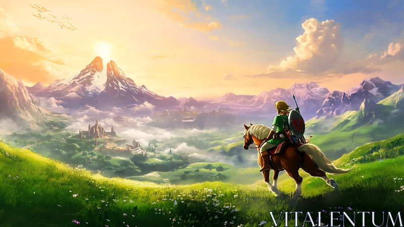 Heroic rider surveys vast fantasy valley at sunrise