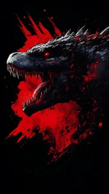 Ferocious kaiju head erupts from blood-red splatter void