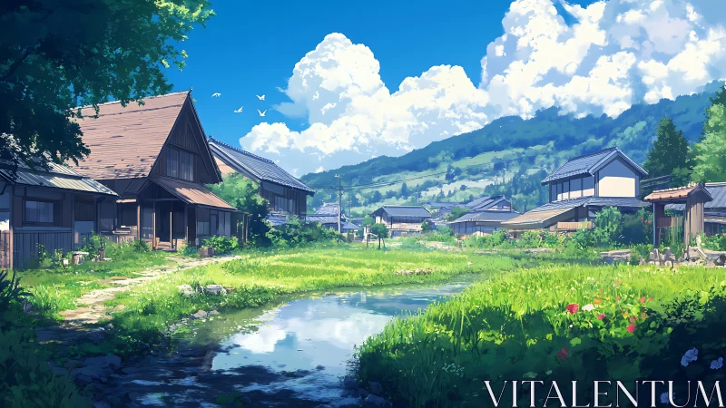Rural village landscape is rendered beside reflective waterway