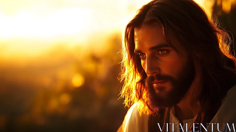 Bearded long haired man in warm sunset side lighting profile.