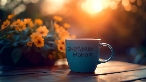 Cozy teal coffee mug glowing in gentle golden sunrise light.