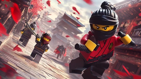 LEGO ninjas sprint through city street with red petals swirling