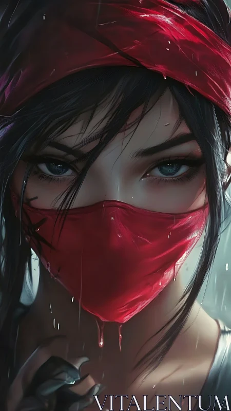 Masked warrior portrait under rain with vivid red cloth.