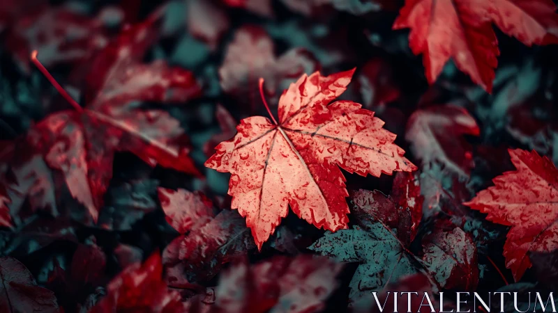Wet scarlet maple leaf glows against dark blurred foliage