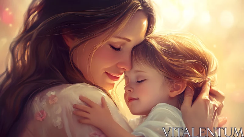 Maternal Embrace with Golden Hour Digital Rendering.