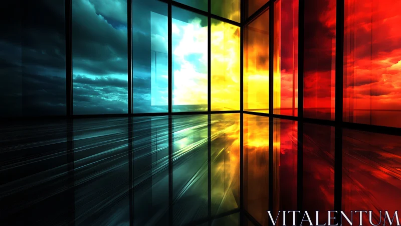 Colored glass corridor reflects dramatic stormy sky