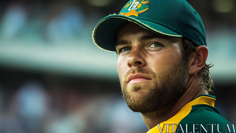 Cricket athlete portrait under stadium lights in sharp focus