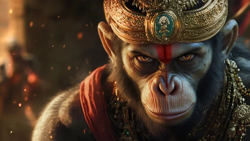 Crowned warrior monkey locks a molten gaze on destiny