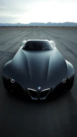 Midnight asphalt shark car poised on deserted salt runway.