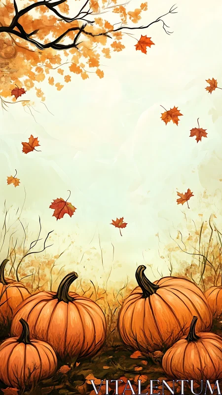 Autumnal pumpkin field with drifting maple leaves composition.