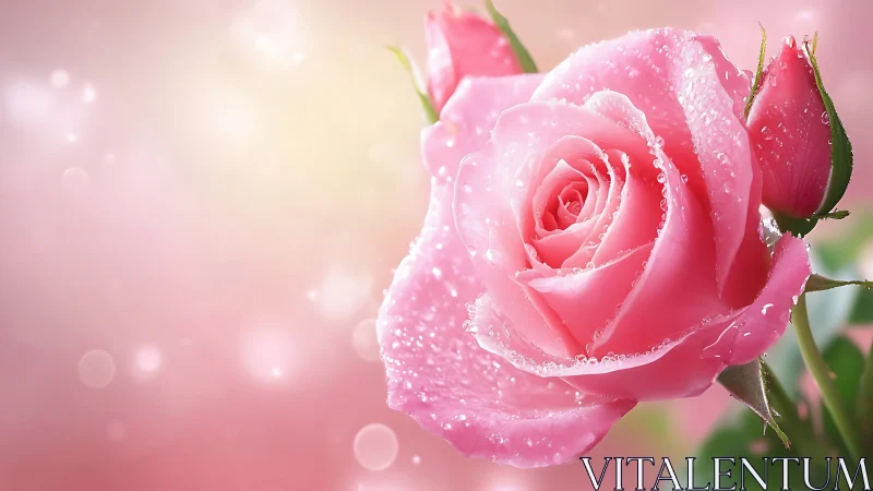 Pink Rose with Dew Drops in Morning Light Bokeh.