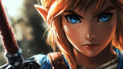 Intense blue eyed elf warrior in dramatic close portrait.