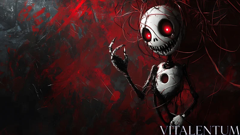 Skeletal doll robot stands in red wired abstract void