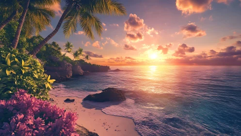 Tropical Sunset Over Rocky Coastline With Flowering Vegetation.