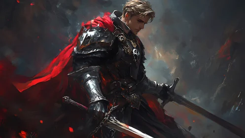 Knight in black armor grips twin swords amid burning storm.