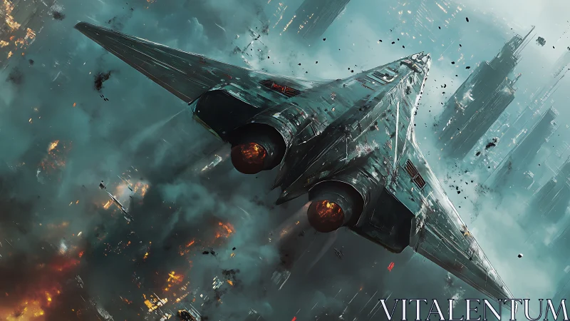Hypersonic strike craft over burning megacity airspace.