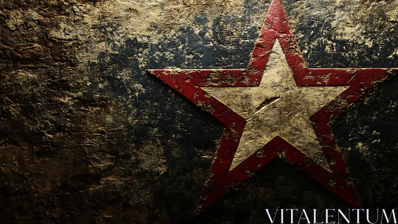 Weathered red star emblem over distressed metal wall.