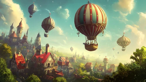 Whimsical airships drift above a sunlit fantasy village.