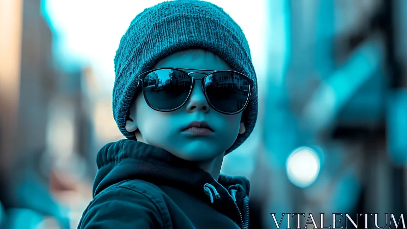 Urban youth in teal—cool filtered portrait.
