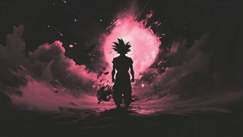 Silhouetted warrior stands before explosive pink energy sphere.