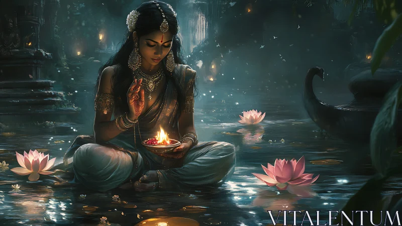 Mystic woman cradles floating diya amid lotus-lit waters.