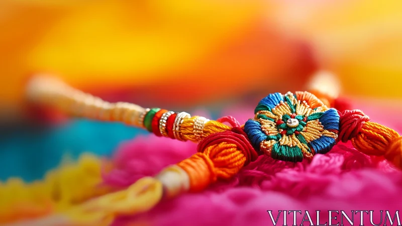 Colorful rakhi bracelet rests on vibrant festive fabric.