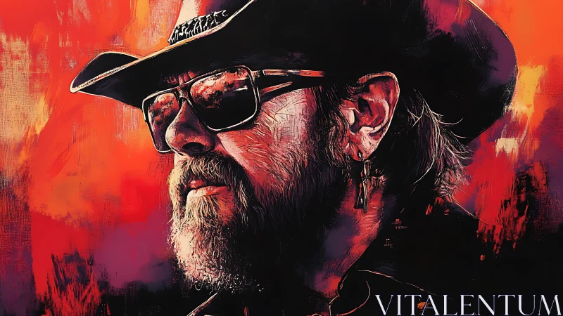 Textured digital portrait of bearded cowboy under red chroma field.