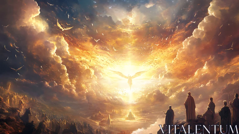 Radiant angelic ascension over a sunlit celestial citadel.