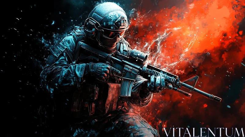 Armored soldier advances through explosive red and blue chaos