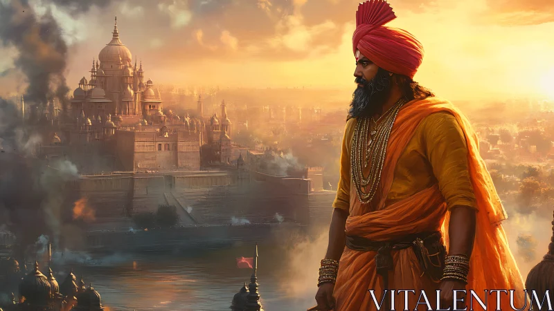 War-scorched river kingdom and resolute turbaned guardian.