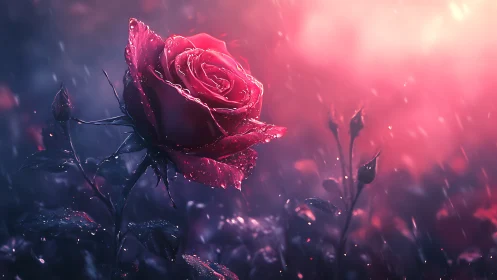 Red rose bloom with water droplets against bokeh background.
