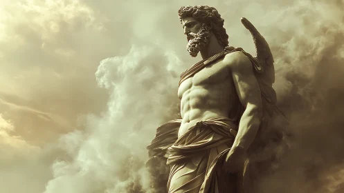Winged classical male statue amid dense atmospheric clouds.