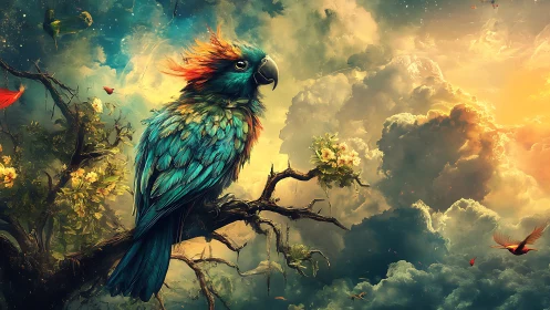 Vibrant Parrot on Branch in Surreal Fantasy Sky Artwork.