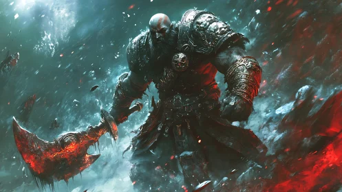 Armored berserker charging through glacial debris field.