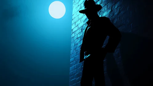 Silhouetted figure stands by brick wall under full moon