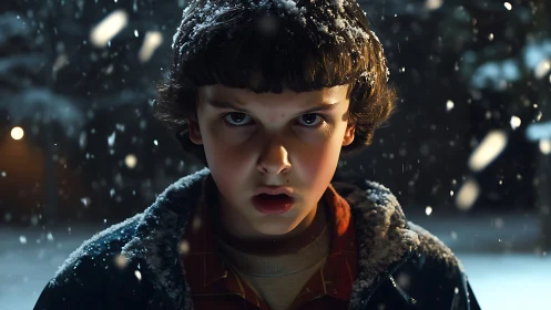 Snow-covered child staring ahead in dim winter light.