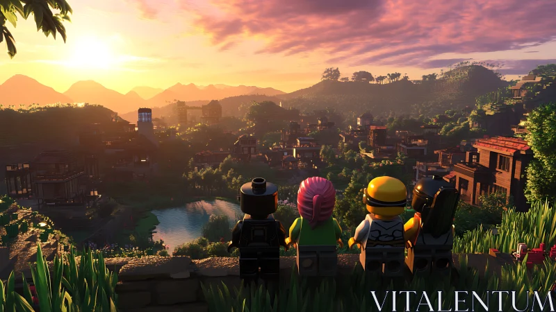Brick-built dreamers greet a golden valley sunset horizon.