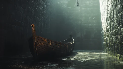 Ancient wooden boat waits in a misty stone chamber of light