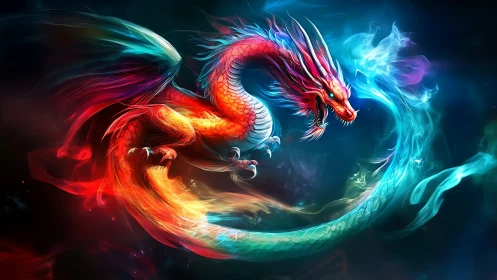 Fiery neon dragon coils through swirling blue energy ring
