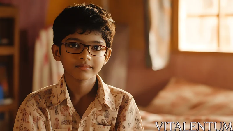 Portrait of studious boy in warm window backlit bedroom